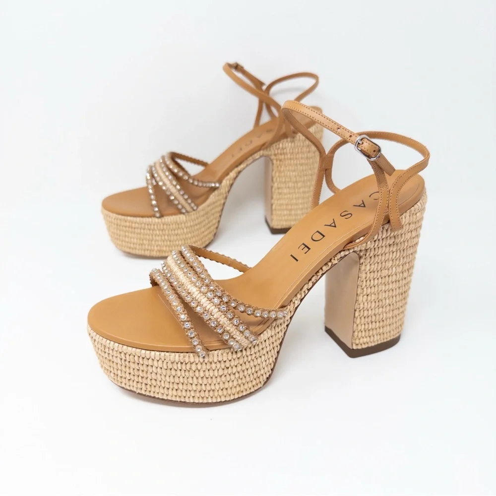 NEW Casadei Limelight Platform Sandals (Sz 38.5) Chunky Heel Crystal Raffia